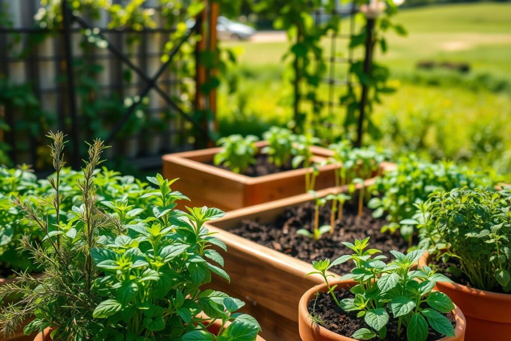 A neatly arranged herb garden, with lush, vibrant foliage filling the frame. In the foreground, a variety of herbs - rosemary, thyme, basil, and oregano - are carefully planted in terracotta pots, their leaves gently swaying in a soft, natural breeze. The middle ground showcases a raised wooden planter box, its soil rich and dark, with delicate seedlings of cilantro and parsley just starting to sprout. In the background, a verdant, sun-dappled landscape provides a serene backdrop, with a wrought-iron trellis supporting climbing vines of fragrant, flowering climbers. The lighting is soft and natural, casting a warm, golden glow over the entire scene, creating a sense of tranquility and growth.