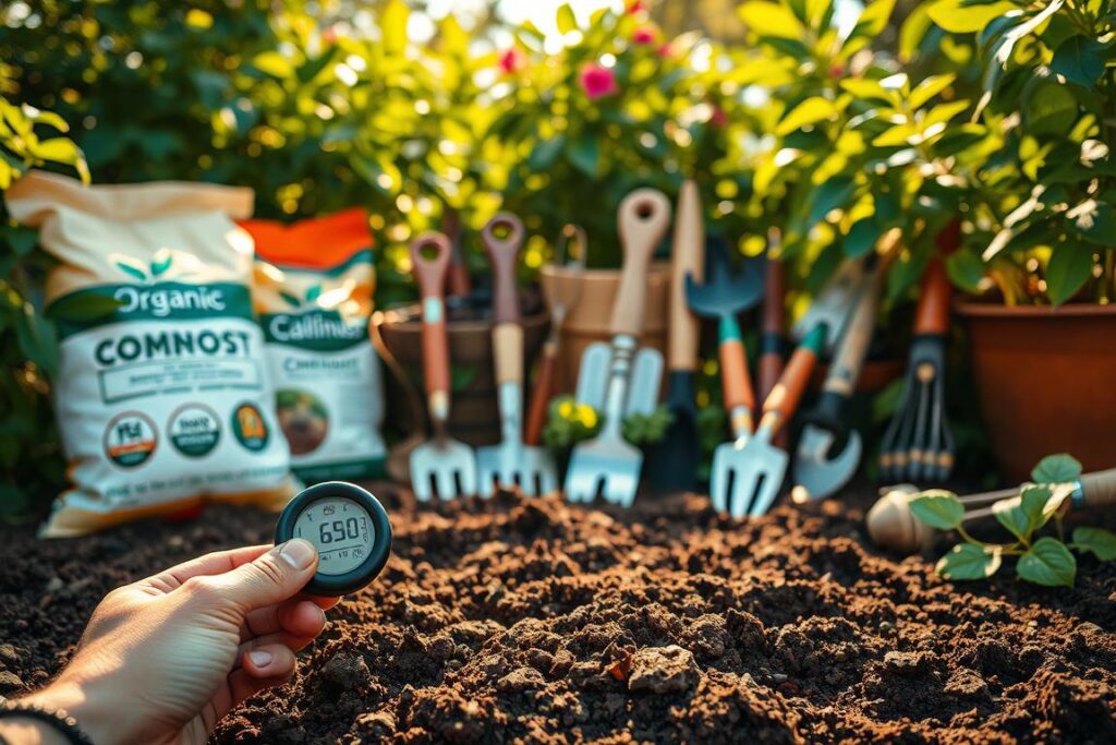 A well-lit, detailed scene of soil testing and amendment for fall gardening. In the foreground, a hand-held soil tester probes the rich, loamy earth, revealing its nutrients and pH levels. Bags of organic compost, fertilizer, and other amendments are neatly arranged nearby. The middle ground showcases a variety of garden tools - trowels, cultivators, and pruners - ready for the task of soil preparation. In the background, lush, verdant foliage frames the scene, hinting at the bountiful plants and blooms to come. Warm, golden lighting casts a natural, inviting glow over the entire composition, capturing the spirit of fall gardening.